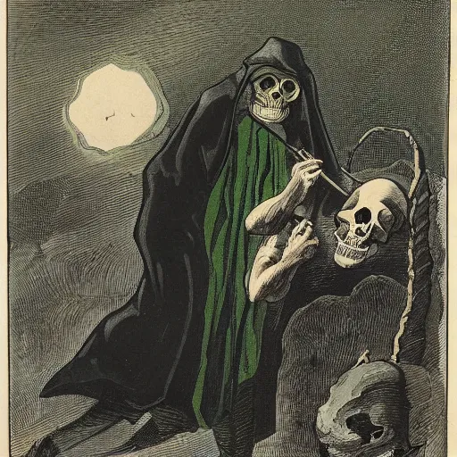 Image similar to a man wearing a black cloak with a skull head killing a man in green