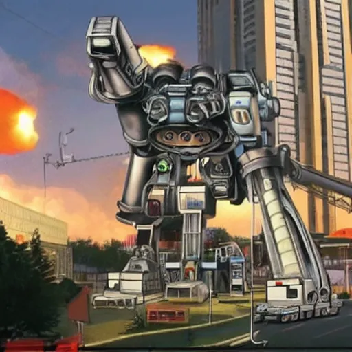 Prompt: a giant vacuum cleaner mech attacks a city