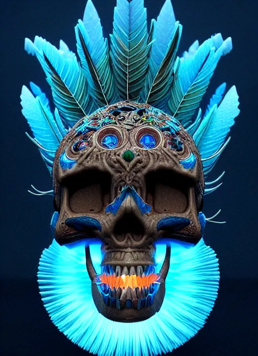 Image similar to 3 d shaman profile portrait, sigma 5 0 0 mm f / 5. beautiful intricate highly detailed quetzalcoatl skull and feathers. bioluminescent, plasma, lava, ice, water, wind, creature, thunderstorm! artwork by tooth wu and wlop and beeple and greg rutkowski, 8 k trending on artstation,