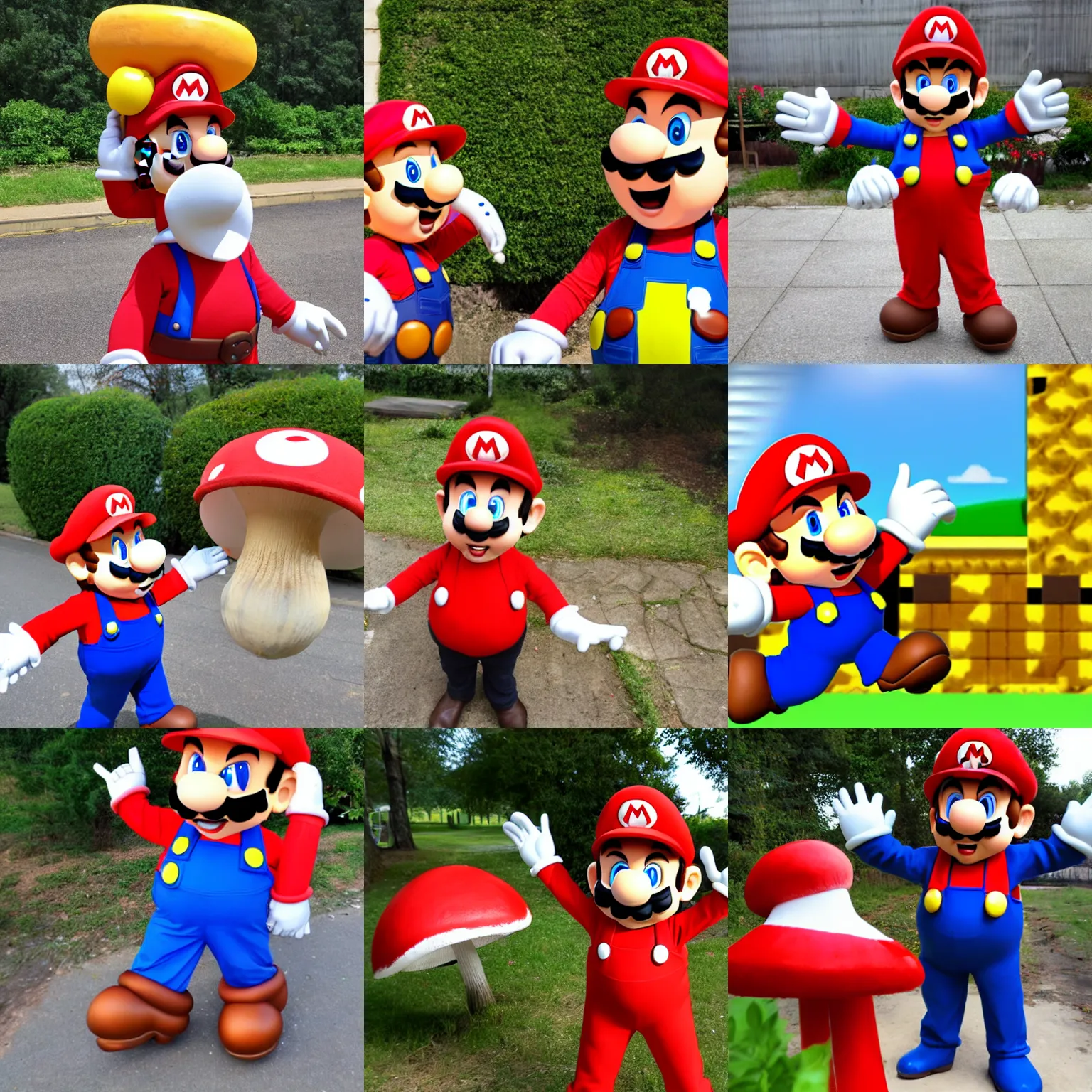 Prompt: Photograph!! of a man in Mario! costume! finding a big! mushroom, excited, smiling
