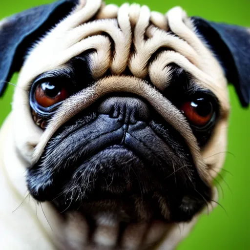 Image similar to closeup of a pug with moss growing out of its face folds, macro photography, overgrown pug, high resolution photo, trending on artstation