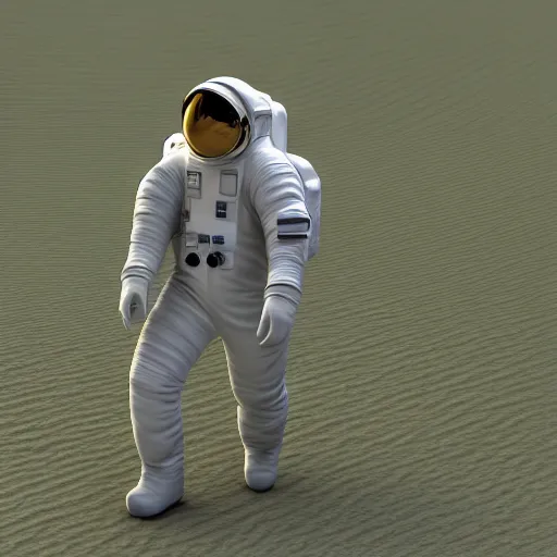 Image similar to a 3 d render of an astronaut walking in a green desert,