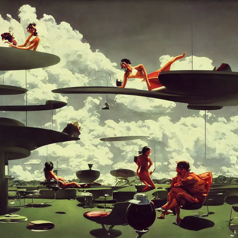 Prompt: a futuristic lounge room on the edge of a meadow. billowing clouds. highly detailed science fiction painting by norman rockwell, frank frazetta, and syd mead. rich colors, high contrast, gloomy atmosphere. trending on artstation.