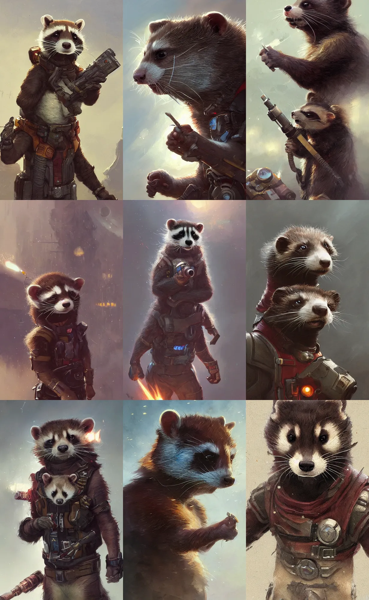 Prompt: a ferret as rocket raccoon, concept art, detailed face, fantasy, highly detailed, cinematic lighting, digital art painting by greg rutkowski