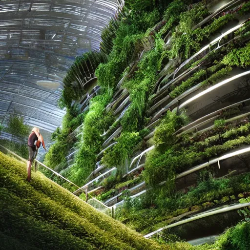 Prompt: vertical farms and white sci - fi dome in a steep sided valley with trees, a sense of hope and optimism, busy workers, hyper realistic, high res, 4 k, warm light, edouard groult, bynde, kirill leonov