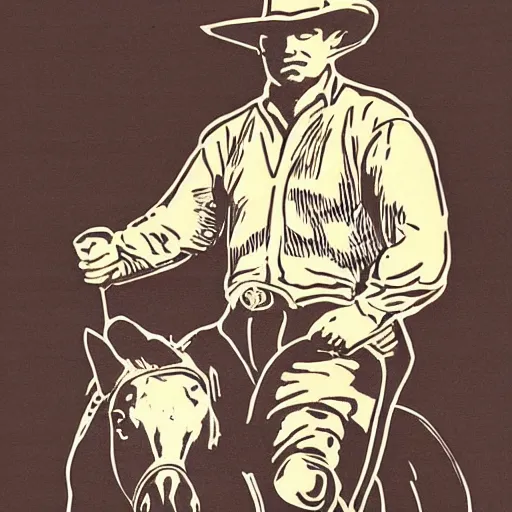 Prompt: cowboy outlaw sitting on a horse. serigraph. screen - printed in sepia