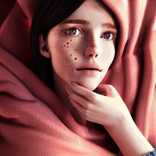 Image similar to portrait of a cute thin young woman, red blush, cute freckles wearing casual clothes, small smile, relaxing on a couch, cozy under a blanket, cozy living room, close up shot, 8 k, octane render, trending on artstation, art by artgerm and irakli nadar,, hyperrealism, hyperdetailed, ultra realistic