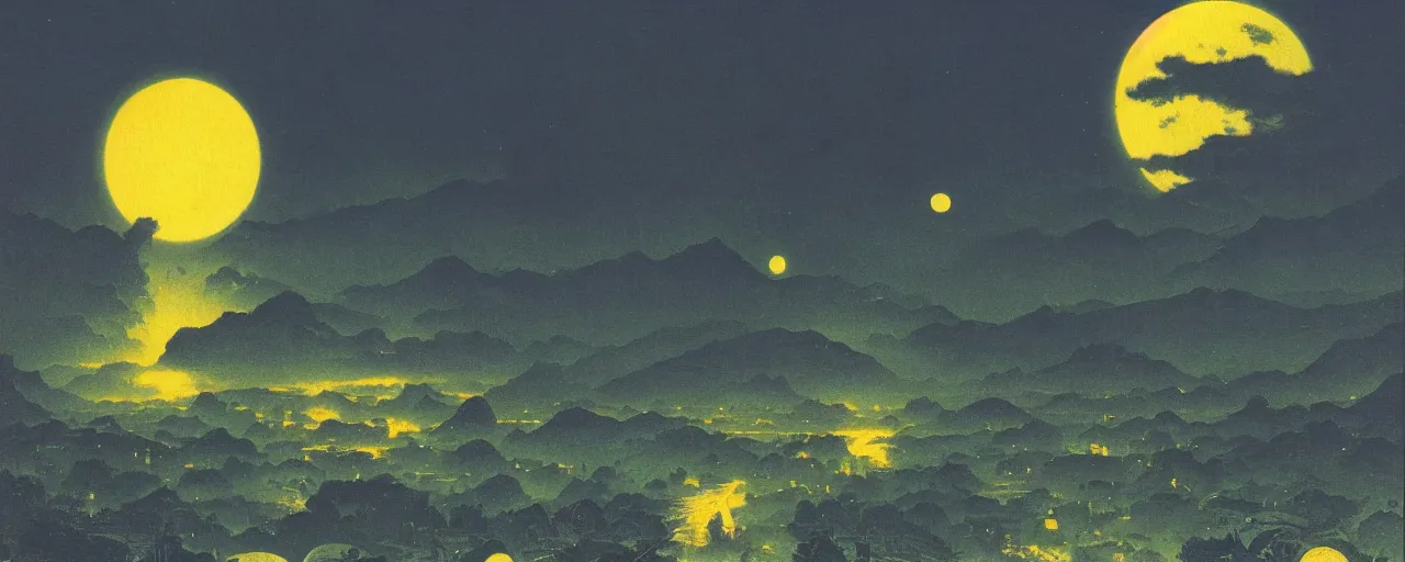 Image similar to awe inspiring bruce pennington landscape, digital art painting of 1 9 6 0 s, japan at night, 4 k, matte, blue and yellow, warm, old, air perspective