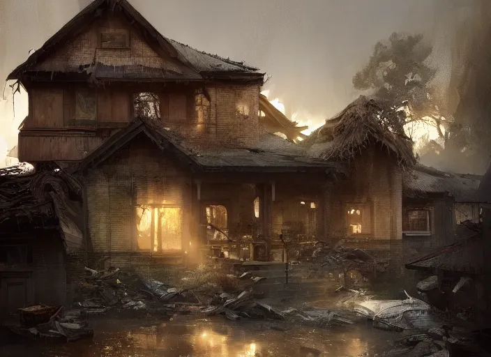 Prompt: one beautiful house among destroyed world around volumetric lighting, digital painting, highly detailed, artstation, sharp focus, illustration, concept art, ruan jia, steve mccurry, amazing composition