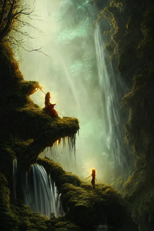 Image similar to detailed intricate digital illustration by greg rutkowski and artgerm and wlop and sanford robinson gifford ; gothic fantasy valley and waterfall faerie fey unseelie in background ; 1 3 mm film, arri alfa anamorphic lens ; sharp focus, golden hour, fireflies ; trending on artstation 8 k closeup