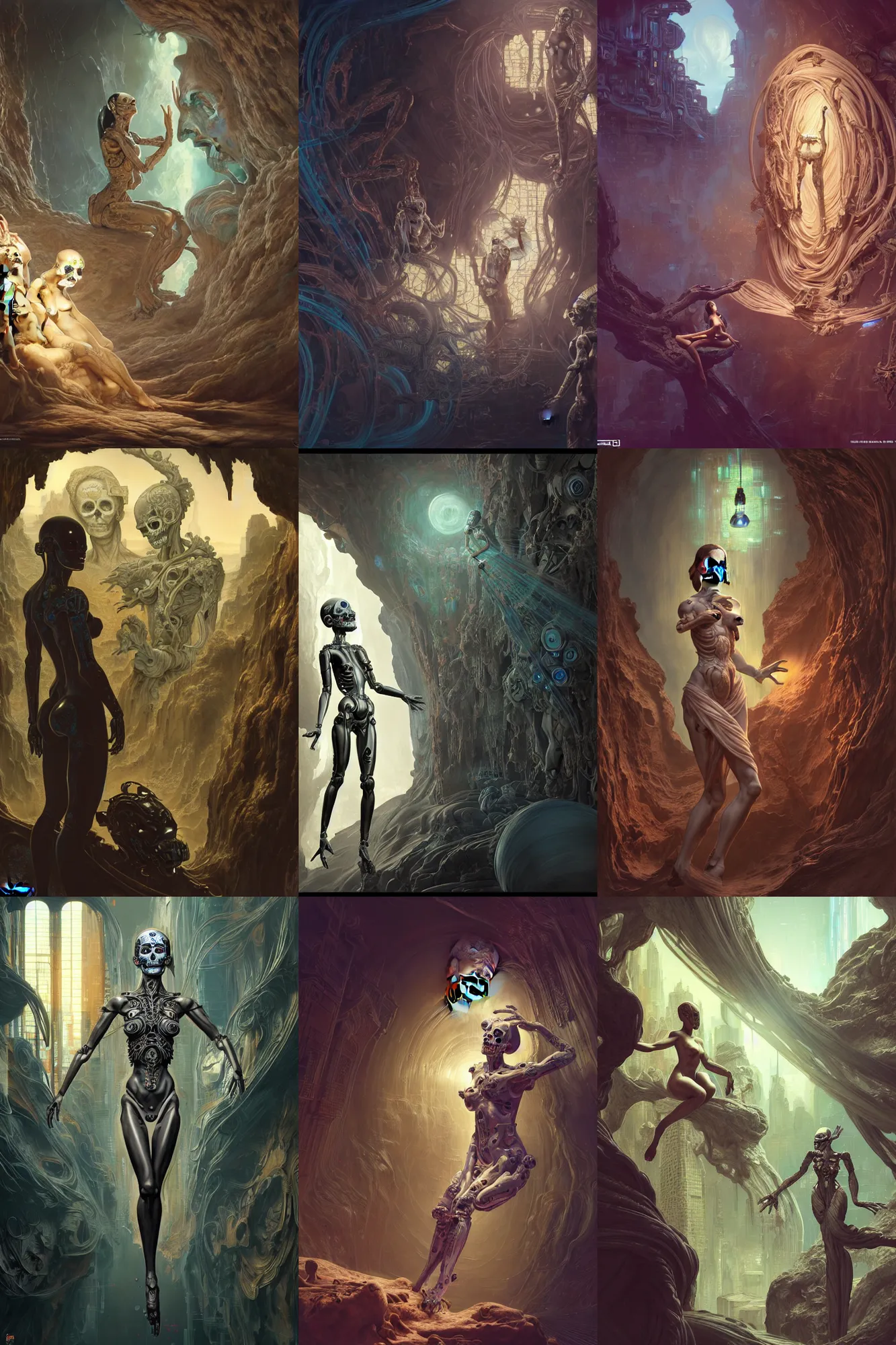 Prompt: creation of adam, female android, intricate detailed environment, professional digital painting, ( ( dia de los muertos ) ), concept art, extreme illustration, unreal engine 5, photorealism, hd, 8 k, 3 d, beautiful, cinematic, ( cyberpunk ). art by michelangelo, artgerm, greg rutkowski, alphonse mucha, loish, wlop
