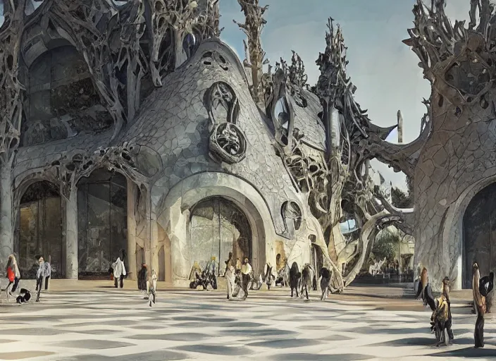 Image similar to mercedes exhibition center exterior designed by antoni gaudi, and concept art by greg rutkowski