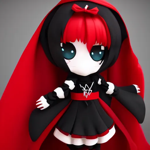 Prompt: cute fumo plush of a gothic maiden in a dark black uniform with a red cape, laces and ribbons, soft shadow, anime girl, vray, symmetry