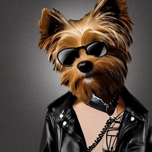 Prompt: an anthropomorphic yorkie dog wearing a black leather punk jacket smoking a cigarette in a hotel lobby, digital art