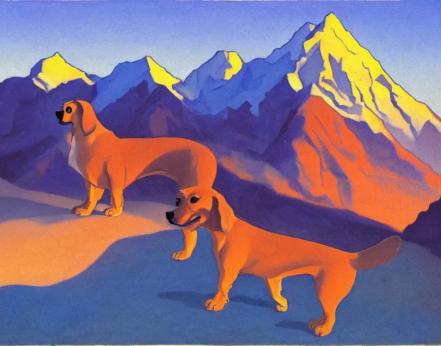 Prompt: Himalayan Dachshund, with Himalaya in the background, sunset, painting by Nicholas Roerich