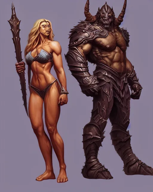 Prompt: female athletic body type and male warrior strong body type holding each other close by Boris Vallejo, moody, character design concept art, diablo, warcraft, hard surface, Character design, concept art, fantasycore, Hyperdetailed, Artstation