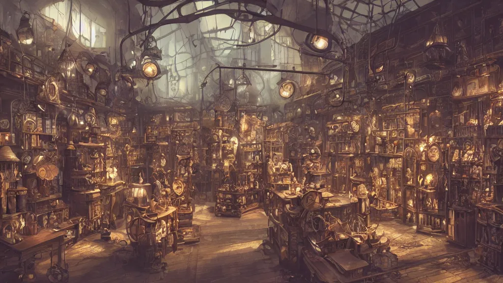 Image similar to A highly detailed image of a steampunk store, by Danar Worya, by Greg Rutkowski, by artgerm, by beeple, with ultra detailed displays of weapons and clockwork machinations densely packed on shelves, volumetric lighting, 4k resolution, octane render, trending on artstation