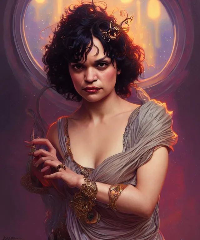 Image similar to Norah Jones as a fantasy magic woman portrait, sci-fi, amber eyes, face, long hair, fantasy, intricate, elegant, highly detailed, digital painting, artstation, concept art, smooth, sharp focus, illustration, art by artgerm and greg rutkowski and alphonse mucha