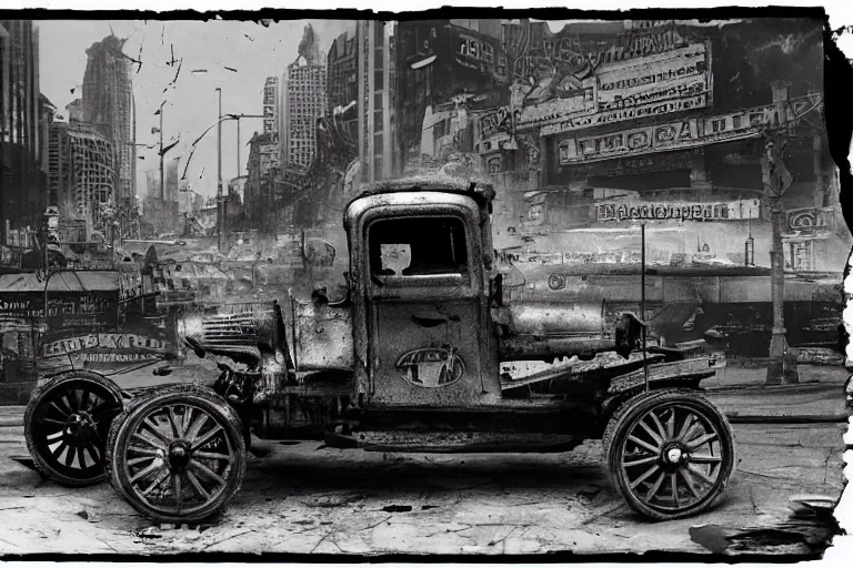 Image similar to cyberpunk 1 9 0 8 model ford t by paul lehr, jesper ejsing, metropolis, parked by view over city, vintage film photo, robotic, damaged photo, scratched photo, silent movie, black and white photo