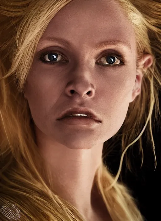 Image similar to closeup portrait of a blonde alien plejaren woman inside a spaceship wearing a space uniform, depth of field, zeiss lens, detailed, symmetrical, centered, fashion photoshoot, by annie leibovitz and steve mccurry, david lazar, jimmy nelsson, breathtaking, 8 k resolution, extremely detailed, beautiful, establishing shot, artistic, hyperrealistic, beautiful face, octane render