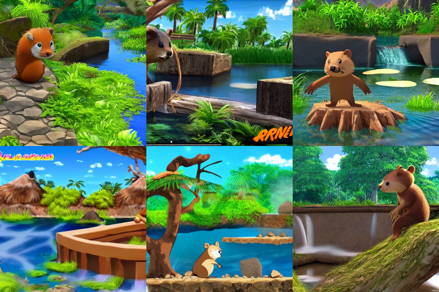 Prompt: anime beaver building a dam on a tropical island, unreal engine, sunny, happy trowing marbles