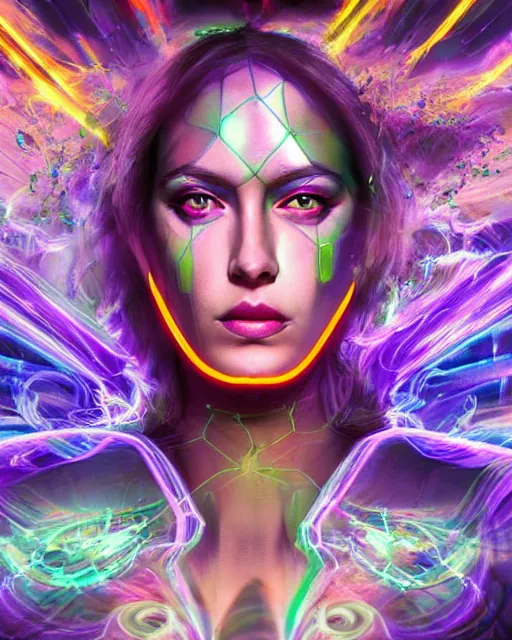 Image similar to a powerful energy psychedelic matrix sorceress, by alexander fedosav, hyper detailed digital matte painting, concept art, hyperrealism, 1 6 k resolution, cinema 4 d, 8 k resolution, trending on artstation, behance hd, a masterpiece, by stephan martiniere, particles, cel - shaded, power bright neon energy, by david a. hardy,