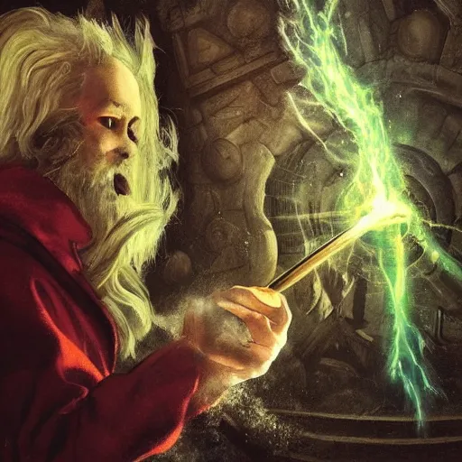 Prompt: a beautiful panting of a dark wizard casting spell, alchemist lab, hyperrealistic, cinematic atmosphere, epic