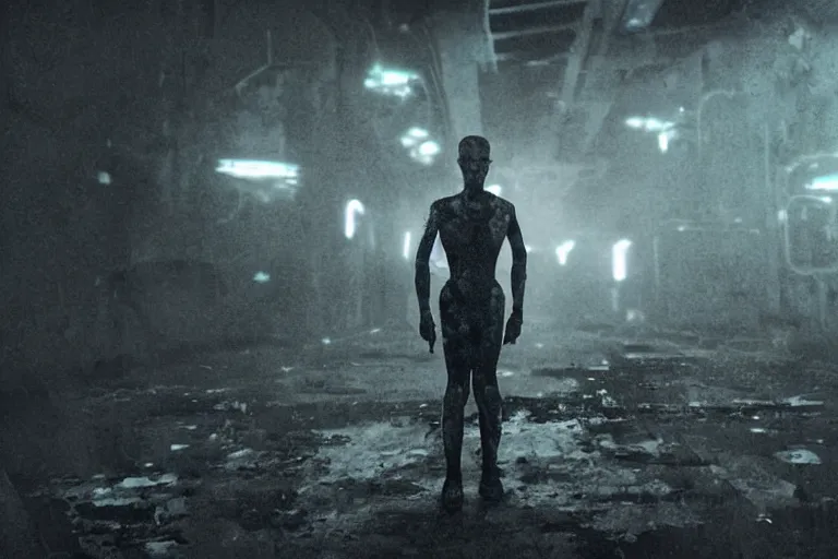 Image similar to !dream Several soldiers killed by a cyber woman, meat, blood, bones, Abandoned night hangar, dim blue light, foggy room, cinematic, style by Blade Runner
