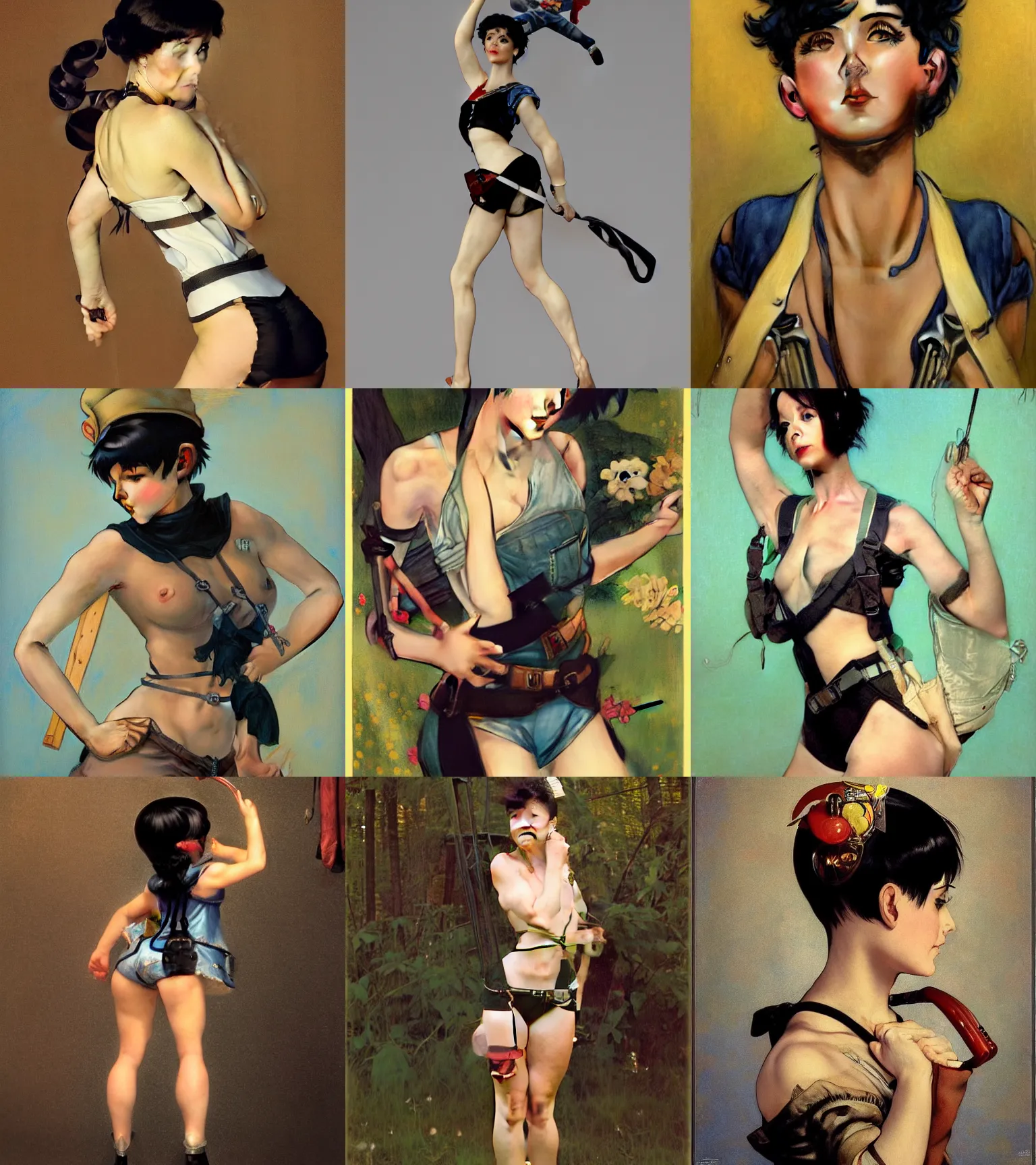 Prompt: a girl with black hair pixie cut in shorts with suspenders drawn by shinkiro, norman rockwell, frank frazetta, peter paul rubens, alphonse mucha, gustav klimt 4k, unreal 5, DAZ, trending on artstation, octane render, hyperrealistic