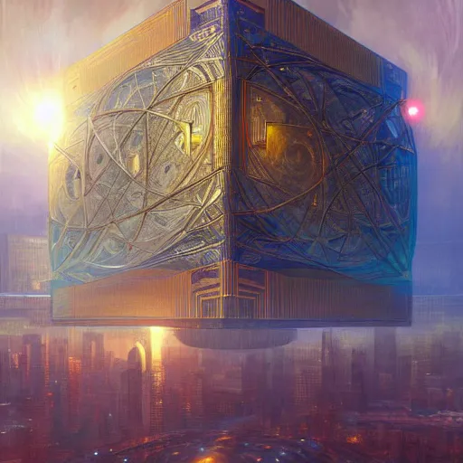 Image similar to hyper realistic golden quantum computer in the shape of a giant cube the size of a city in the middle of a Japanese city , art by artery and Greg Rutkowski and alphonse mucha, sci-fi, fantasy, intricate, ornate, very very intimidating , highly detailed, digital painting, artstation, concept art, smooth, sharp focus, illustration