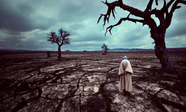 Image similar to medium shot of a nondescript crying ancient dried up Danu, peaceful, facing the camera and standing in front of a dried up river in a desolate land, dead trees, blue sky, hot and sunny, highly-detailed, elegant, dramatic lighting, artstation, 4k, cinematic landscape, photograph by Elisabeth Gadd