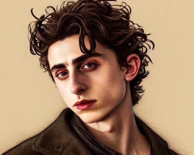 Image similar to a mind - blowing portrait of timothee chalamet, holding a candle holder, wearing dark maritime clothing, long night cap, deep focus, d & d, fantasy, intricate, elegant, highly detailed, digital painting, artstation, concept art, matte, sharp, illustration, hearthstone, art by artgerm and greg rutkowski and alphonse mucha