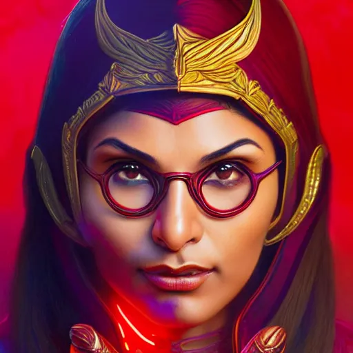 Image similar to mia khalifa as darna, wax figure, glowing eyes, volumetric lights, red and cyan theme, art nouveau botanicals, intricate, highly detailed, digital painting, artstation, concept art, smooth, sharp focus, cinematic, illustration, beautiful face, art by artgerm and greg rutkowski and alphonse mucha