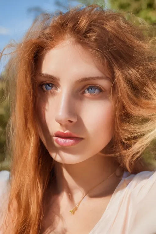 Prompt: olive skinned strawberry blonde female model in her twenties, wearing a v - neck blouse, looking content, focused on her neck, photo realistic, extreme detail skin, natural beauty, no filter, slr, golden hour, 4 k, high definition, selfie