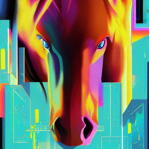Image similar to a graph style gauche impasto, horse, cyberpunk art by james gilleard, cityscape, depth of field, cgsociety, retrofuturism, synthwave, retrowave, outrun.