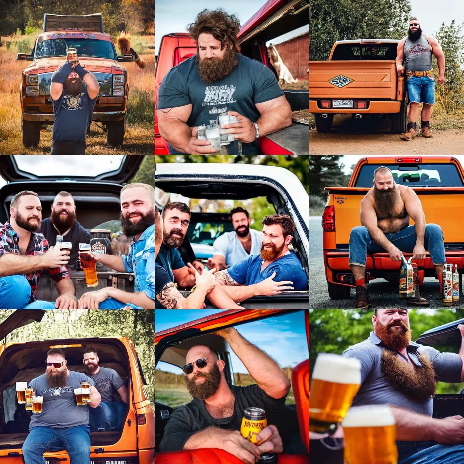 Prompt: big hairy strongman drinking beers with his buddies in his pickup truck's trunk, warm colours, dad energy, himbo energy, photography