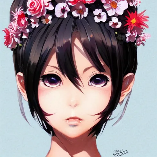 Image similar to portrait of anime pixie character with flower crown hair, manga cover, highly detailed, digital painting, artstation, concept art, sharp focus, illustration, strong brush stroke, anime, art by greg rutkowski, ilya kuvshinov, sharp focus, ghibli studio, art by ilya kuvshinov, rossdraws