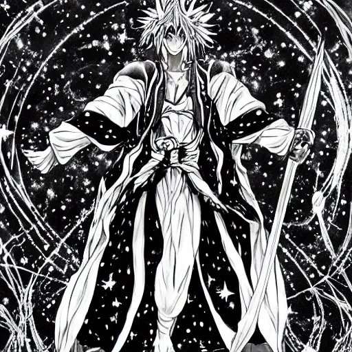 Image similar to black and white pen and ink!!!!!!! Yoshitaka Amano designed Guy Madison wearing cosmic space robes made of stars final form flowing royal hair golden!!!! Vagabond!!!!!!!! floating magic swordsman!!!! glides through a beautiful!!!!!!! Camellia!!!! Tsubaki!!! death-flower!!!! battlefield dramatic esoteric!!!!!! Long hair flowing dancing illustrated in high detail!!!!!!!! by Moebius and Hiroya Oku!!!!!!!!! graphic novel published on 2049 award winning!!!! full body portrait!!!!! action exposition manga panel black and white Shonen Jump issue by David Lynch eraserhead and beautiful line art Hirohiko Araki!! Rossetti, Millais, Mucha, Kentaro Miura, Jojo's Bizzare Adventure!!