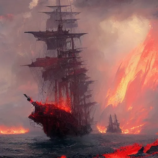 Image similar to pirate ship going to hell, warm temperature, red lightning, sea of lava, hyperdetailed, artstation, cgsociety, by greg rutkowski, by Gustave Dore