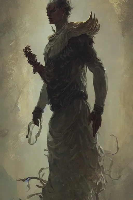 Image similar to a masculine elegant man from sideview and wearing golden laurel wreath, ethereal horror fantasy art by greg rutkowski and magali villanueve and monet con