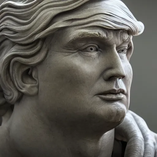 Prompt: close up photo of highly detailed marble statue of donald trump in a museum with a large crowd of gray aliens observing, far future, 8 k, 1 5 0 mp,