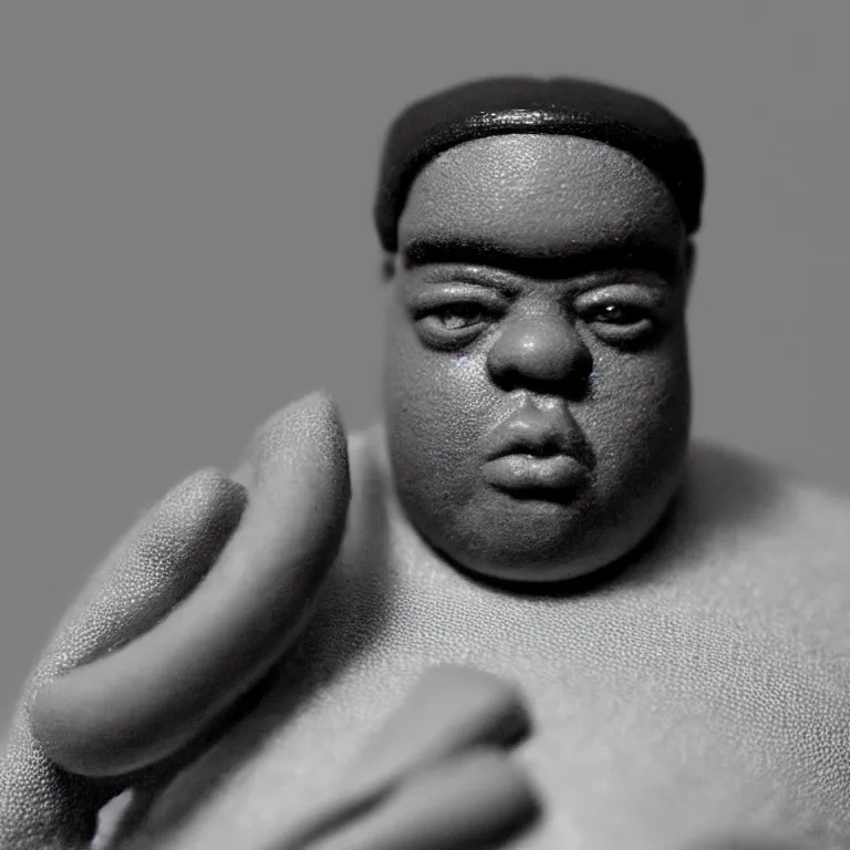 Image similar to a cinematic film still of a claymation stop motion film starring biggie smalls, portrait, shallow depth of field, 8 0 mm, f 1. 8