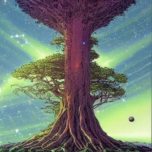 Prompt: a large tree rooted in a galactic crystal hovering in space, by moebius