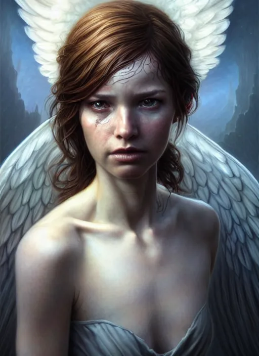 Image similar to abby from last of us 2 as an angel, aesthetic, fine art, intricate, elegant, highly detailed, realistic hair, centered, digital painting, art station, conceptual art, soft, sharp focus, illustration, artwork, artgerm, tomasz alen kopera, peter mohrbacher, donato giancola, wlop, boris vallejo