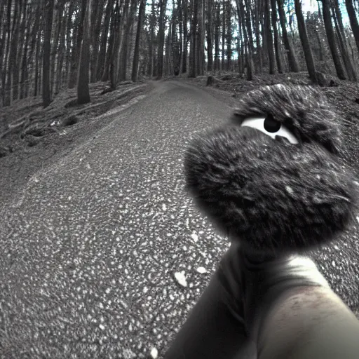 Image similar to Cookie monster caught on trail cam, trail camera footage, wide angle lens, night vision