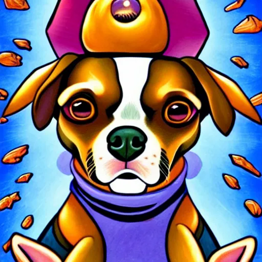 Image similar to a chihuahua with a third eye living in an extradimensional reality, in the style of goof troop, illustration, epic, fantasy, hyper detailed, smooth