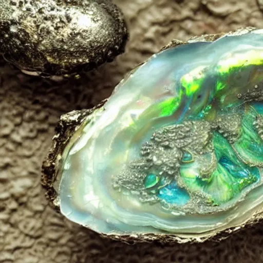 Image similar to a beautiful fantasy rendering of a dirty old corroded oyster with algae and barnacles growing on it, a glowing pure perfect iridescent pearl on the inside