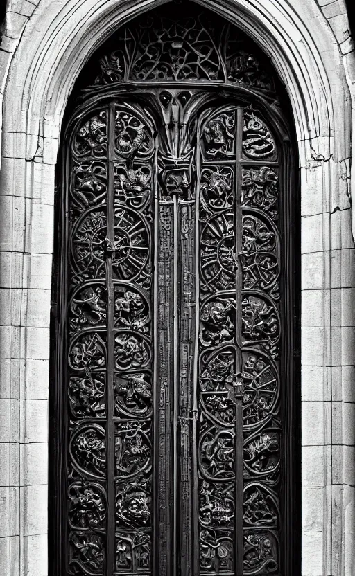 Image similar to portal double doors. big face carved in the center. gothic medieval baroque. black iron. symmetry. epic. ominous shapes. hyper detailed. photoreal