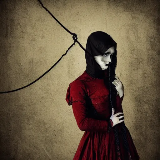 Prompt: dark schizophrenia portrait, death ultra red head woman in medieval dress, strangled with rope, not face, victorian style, high detail