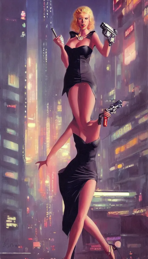 Prompt: a portrait of a beautiful blonde femme fatale woman wearing a cocktail dress, and pointing a pistol, long hair, in a futuristic blade runner city, art by Robert McGinnis, Pixar, trending on Artstation, 8K,